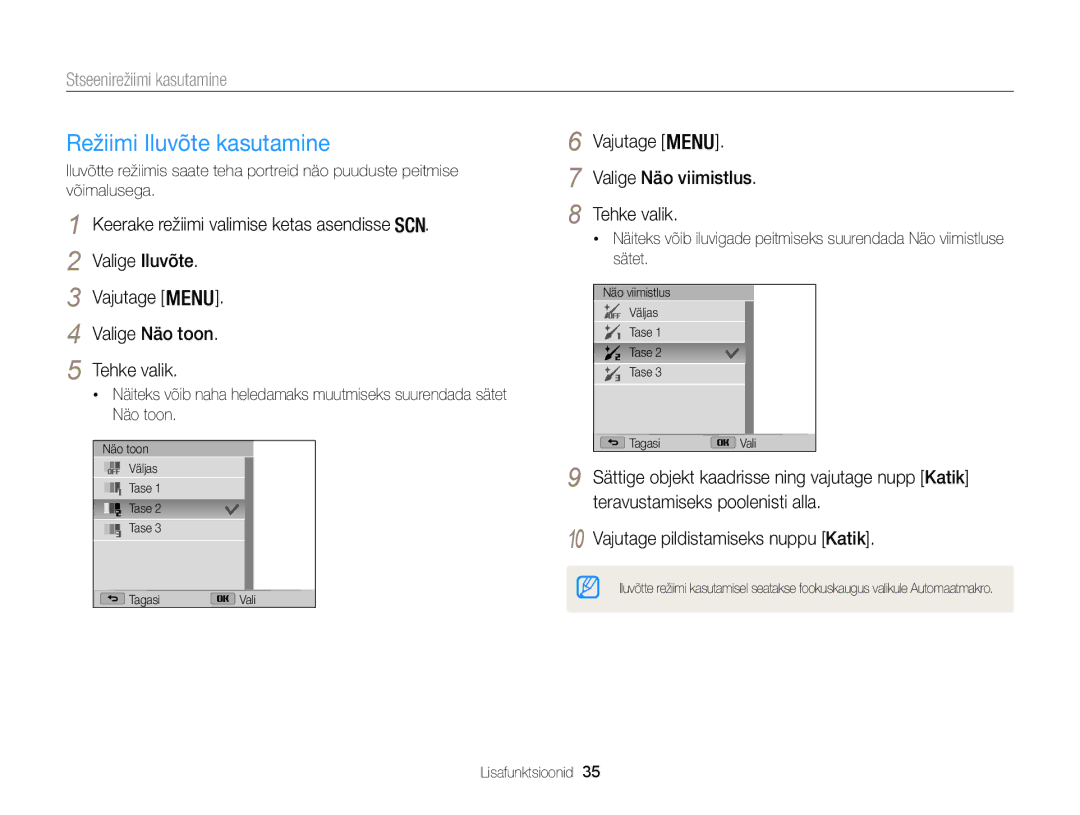 Samsung EC-WB100ZBABE2, EC-WB100ZBARE2 manual Režiimi Iluvõte kasutamine, Stseenirežiimi kasutamine, Valige Näo viimistlus 