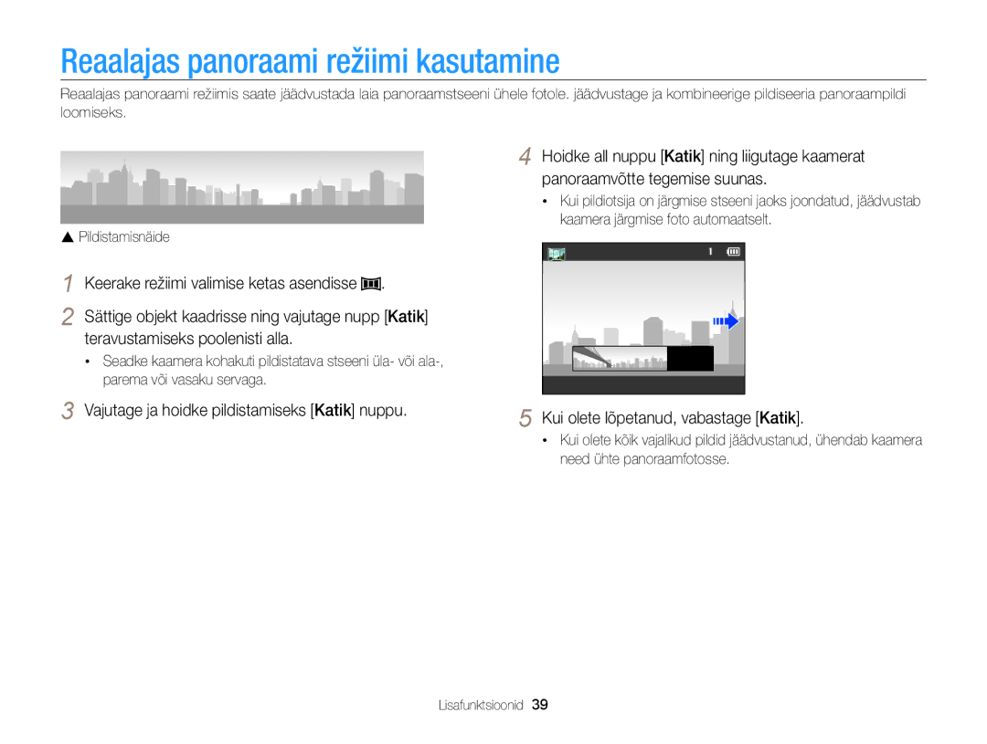 Samsung EC-WB100ZBABE2, EC-WB100ZBARE2 manual Reaalajas panoraami režiimi kasutamine, Teravustamiseks poolenisti alla 