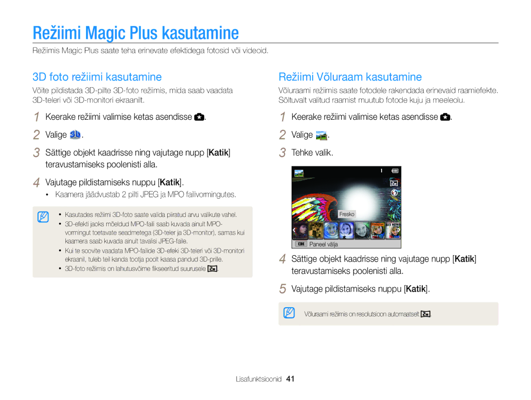 Samsung EC-WB100ZBABE2 Režiimi Magic Plus kasutamine, 3D foto režiimi kasutamine, Režiimi Võluraam kasutamine, Valige 