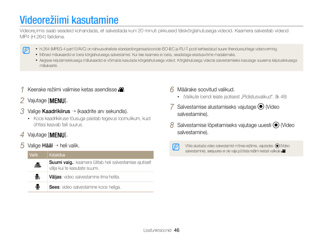 Samsung EC-WB100ZBARE2, EC-WB100ZBABE2 manual Videorežiimi kasutamine, Vajutage 