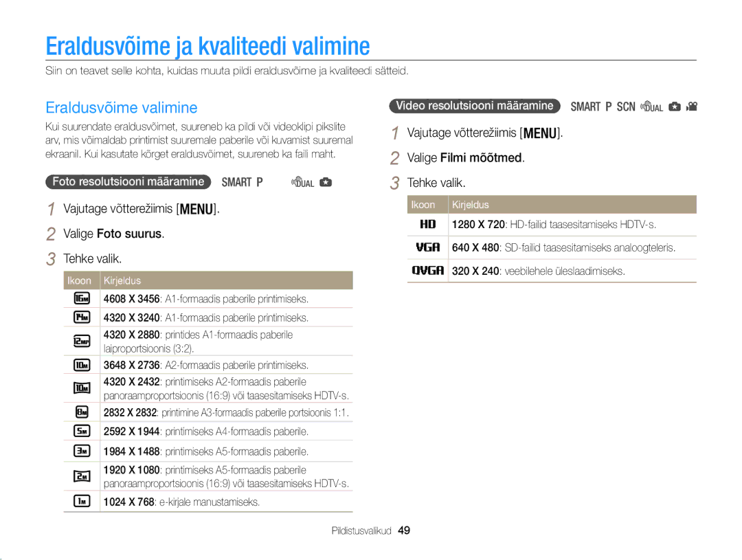 Samsung EC-WB100ZBABE2, EC-WB100ZBARE2 manual Eraldusvõime ja kvaliteedi valimine, Eraldusvõime valimine 