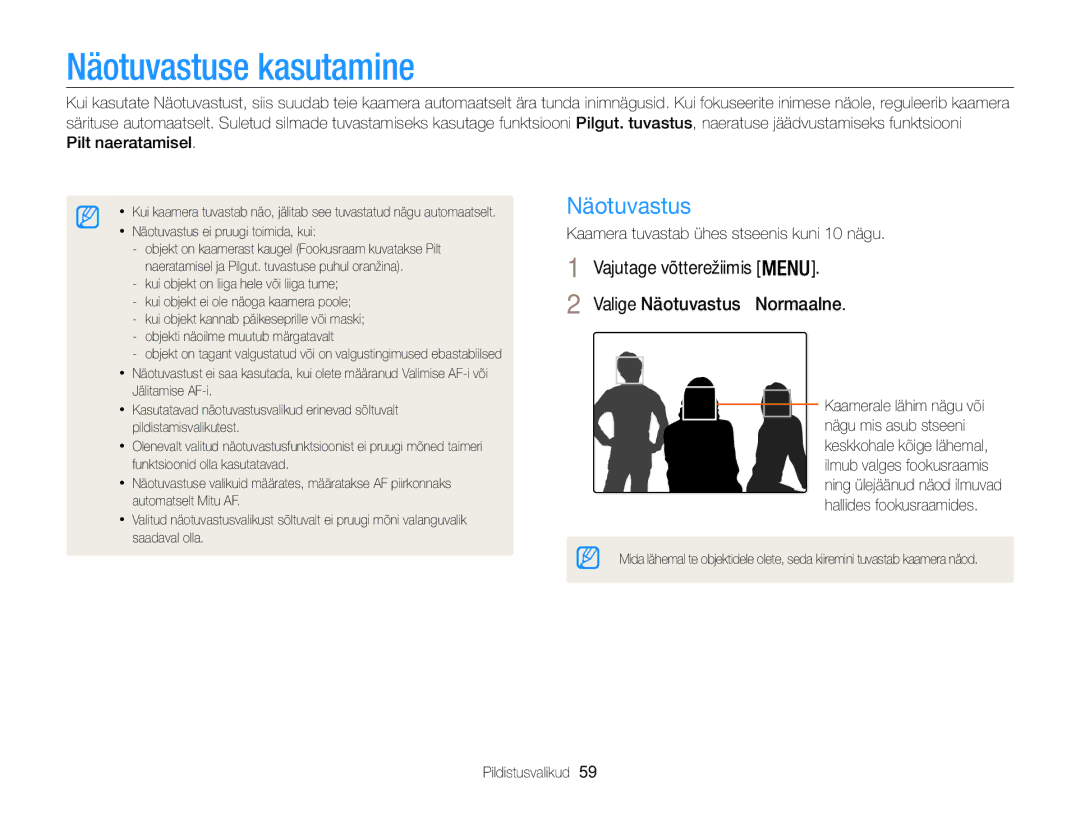 Samsung EC-WB100ZBABE2 manual Näotuvastuse kasutamine, Pilt naeratamisel, Kaamera tuvastab ühes stseenis kuni 10 nägu 