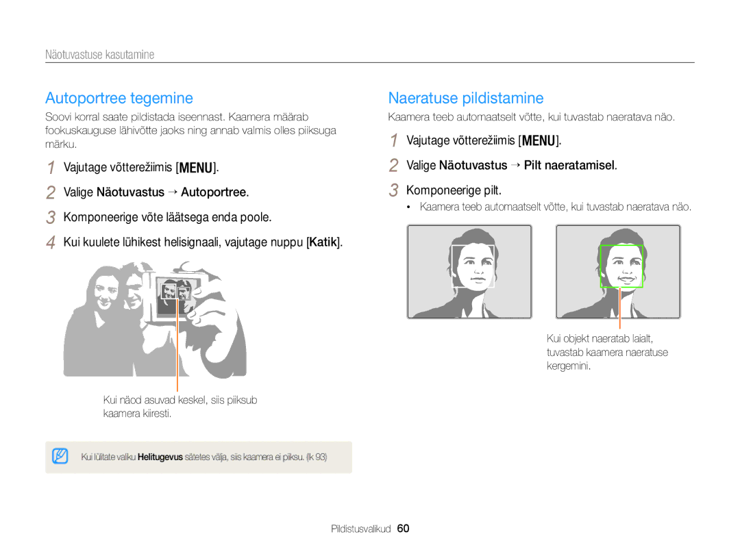 Samsung EC-WB100ZBARE2 manual Autoportree tegemine, Naeratuse pildistamine, Näotuvastuse kasutamine, Komponeerige pilt 