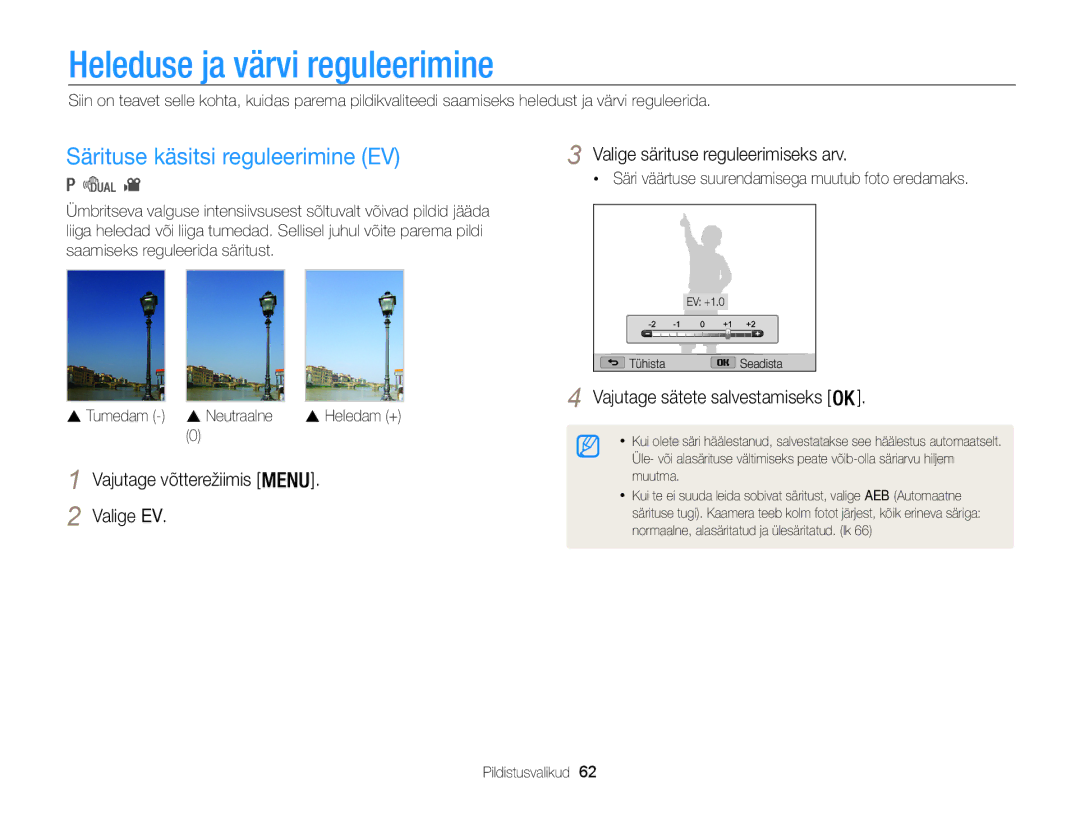 Samsung EC-WB100ZBARE2, EC-WB100ZBABE2 manual Heleduse ja värvi reguleerimine, Särituse käsitsi reguleerimine EV 