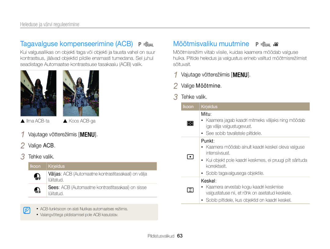 Samsung EC-WB100ZBABE2 manual Tagavalguse kompenseerimine ACB, Mõõtmisvaliku muutmine, Heleduse ja värvi reguleerimine 