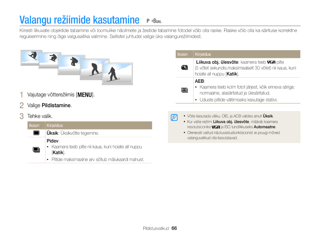 Samsung EC-WB100ZBARE2 manual Valangu režiimide kasutamine, Vajutage võtterežiimis Valige Pildistamine Tehke valik 