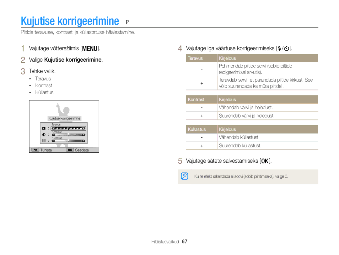 Samsung EC-WB100ZBABE2 manual Kujutise korrigeerimine, Vajutage iga väärtuse korrigeerimiseks, Teravus, Kontrast, Küllastus 