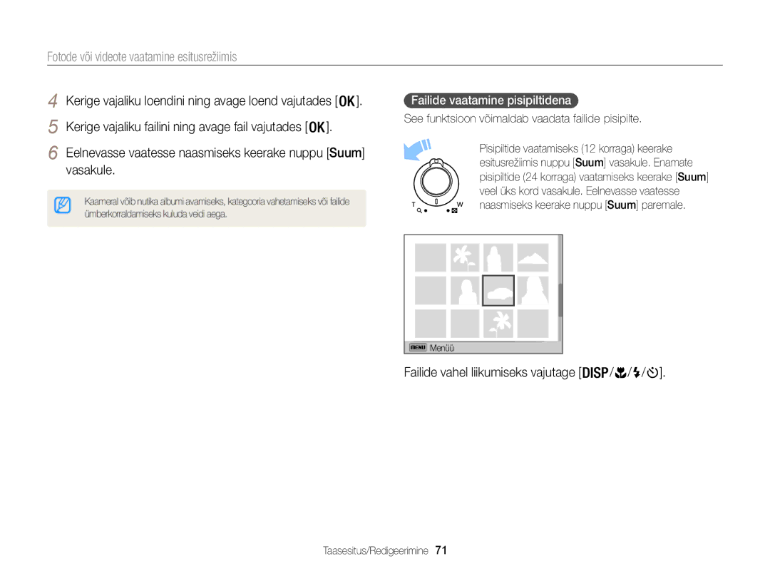 Samsung EC-WB100ZBABE2 manual Eelnevasse vaatesse naasmiseks keerake nuppu Suum vasakule, Failide vaatamine pisipiltidena 