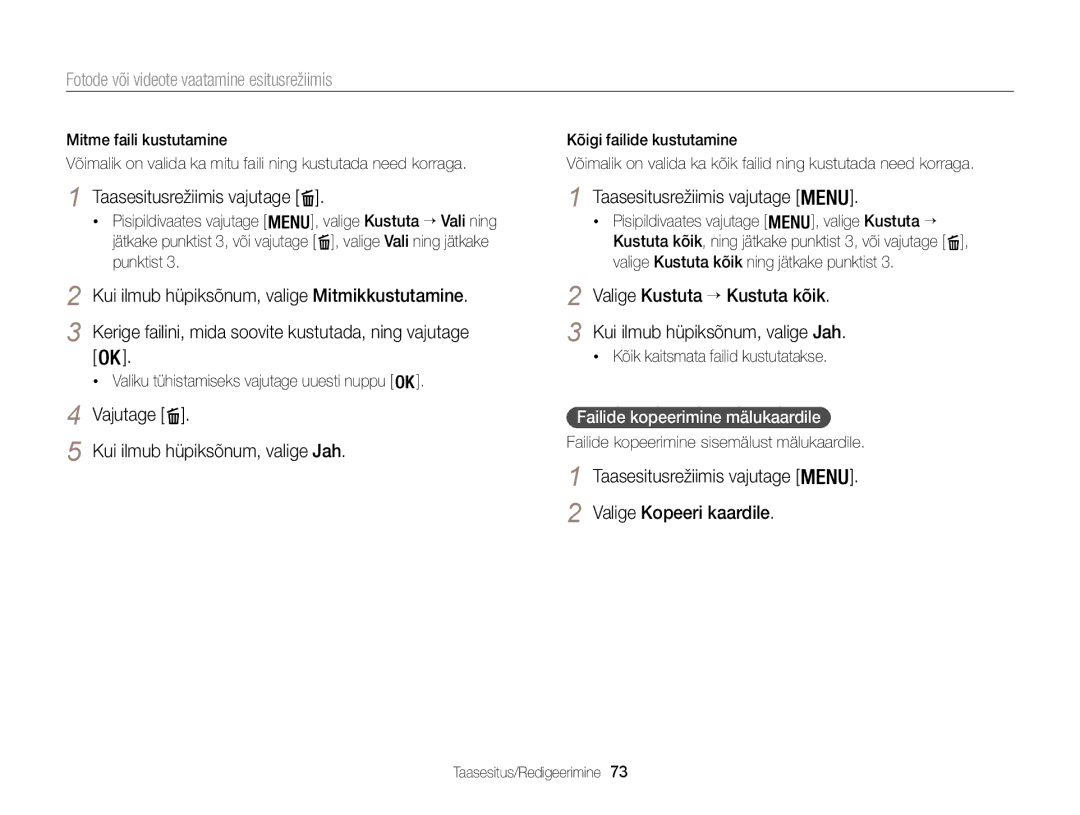 Samsung EC-WB100ZBABE2 manual Taasesitusrežiimis vajutage, Kui ilmub hüpiksõnum, valige Jah, Valige Kustuta → Kustuta kõik 