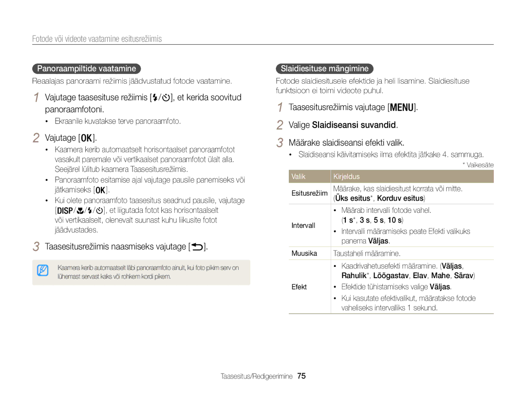 Samsung EC-WB100ZBABE2 manual Taasesitusrežiimis naasmiseks vajutage, Panoraampiltide vaatamine, Slaidiesituse mängimine 