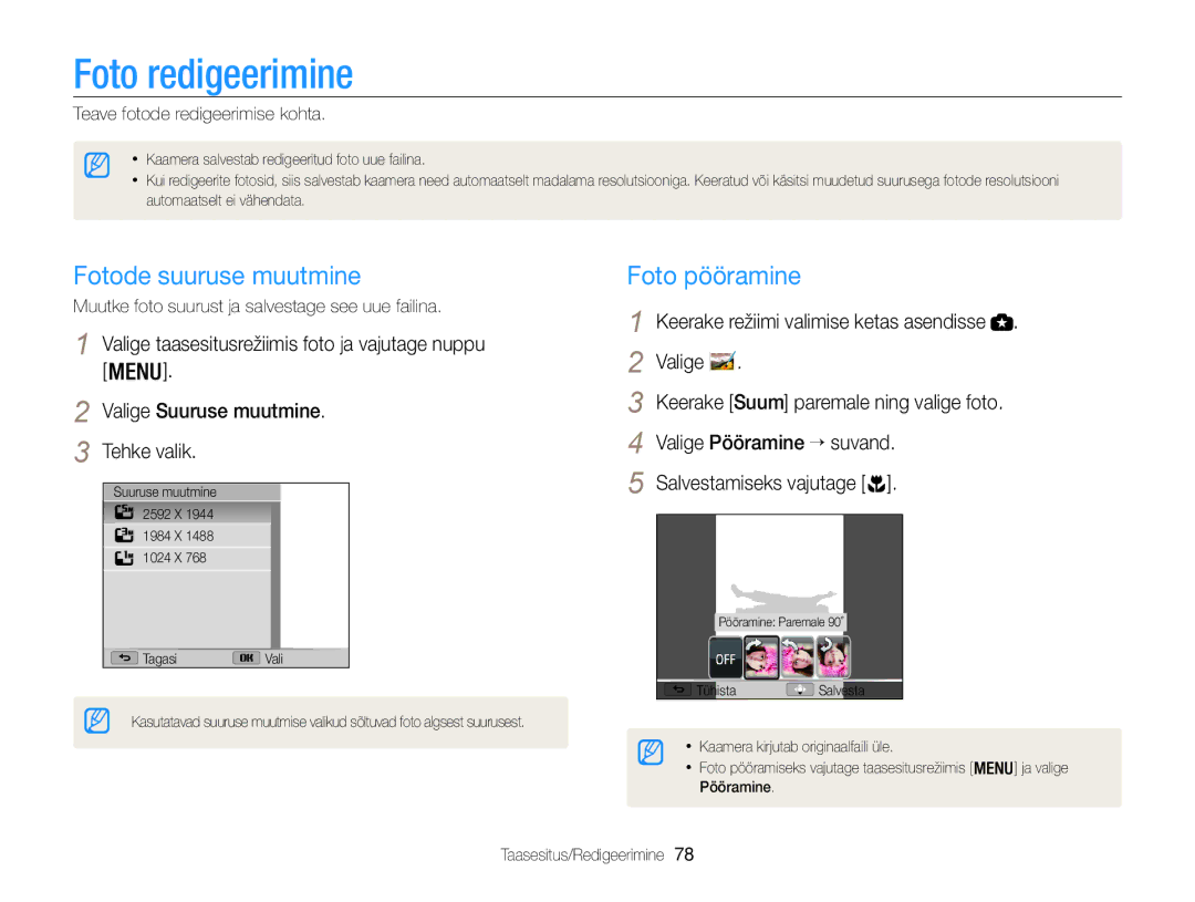 Samsung EC-WB100ZBARE2 manual Foto redigeerimine, Fotode suuruse muutmine, Foto pööramine, Teave fotode redigeerimise kohta 