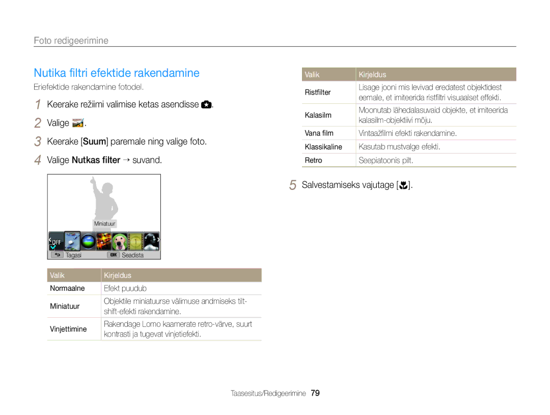 Samsung EC-WB100ZBABE2, EC-WB100ZBARE2 Nutika filtri efektide rakendamine, Foto redigeerimine, Salvestamiseks vajutage 