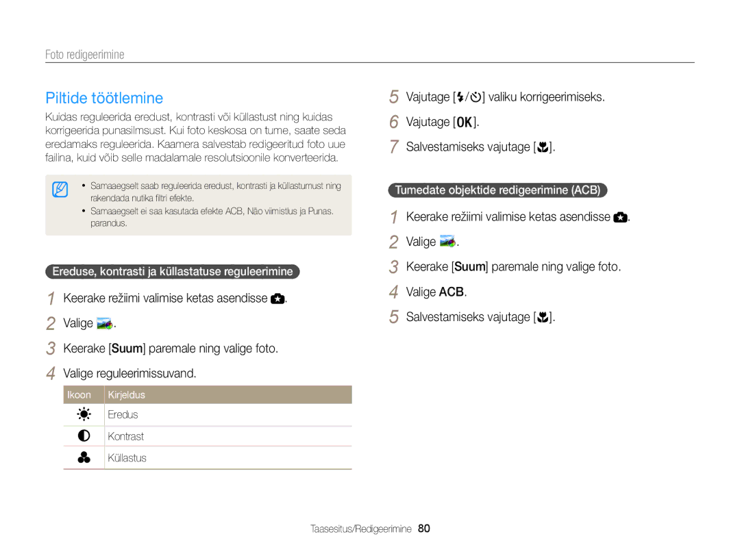 Samsung EC-WB100ZBARE2 manual Piltide töötlemine, Ereduse, kontrasti ja küllastatuse reguleerimine, Kontrast, Küllastus 