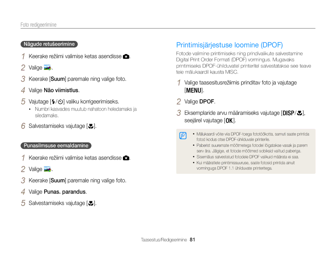 Samsung EC-WB100ZBABE2 Printimisjärjestuse loomine Dpof, Seejärel vajutage, Nägude retušeerimine, Punasilmsuse eemaldamine 