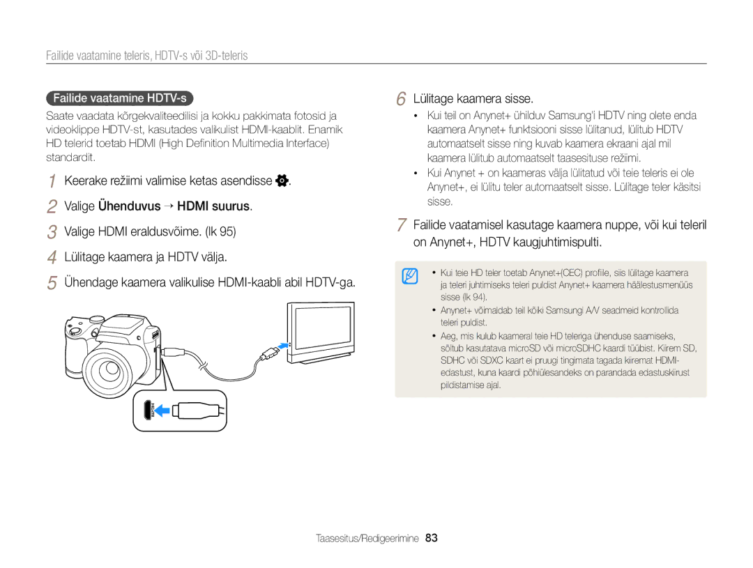 Samsung EC-WB100ZBABE2 Failide vaatamine teleris, HDTV-s või 3D-teleris, Lülitage kaamera sisse, Failide vaatamine HDTV-s 