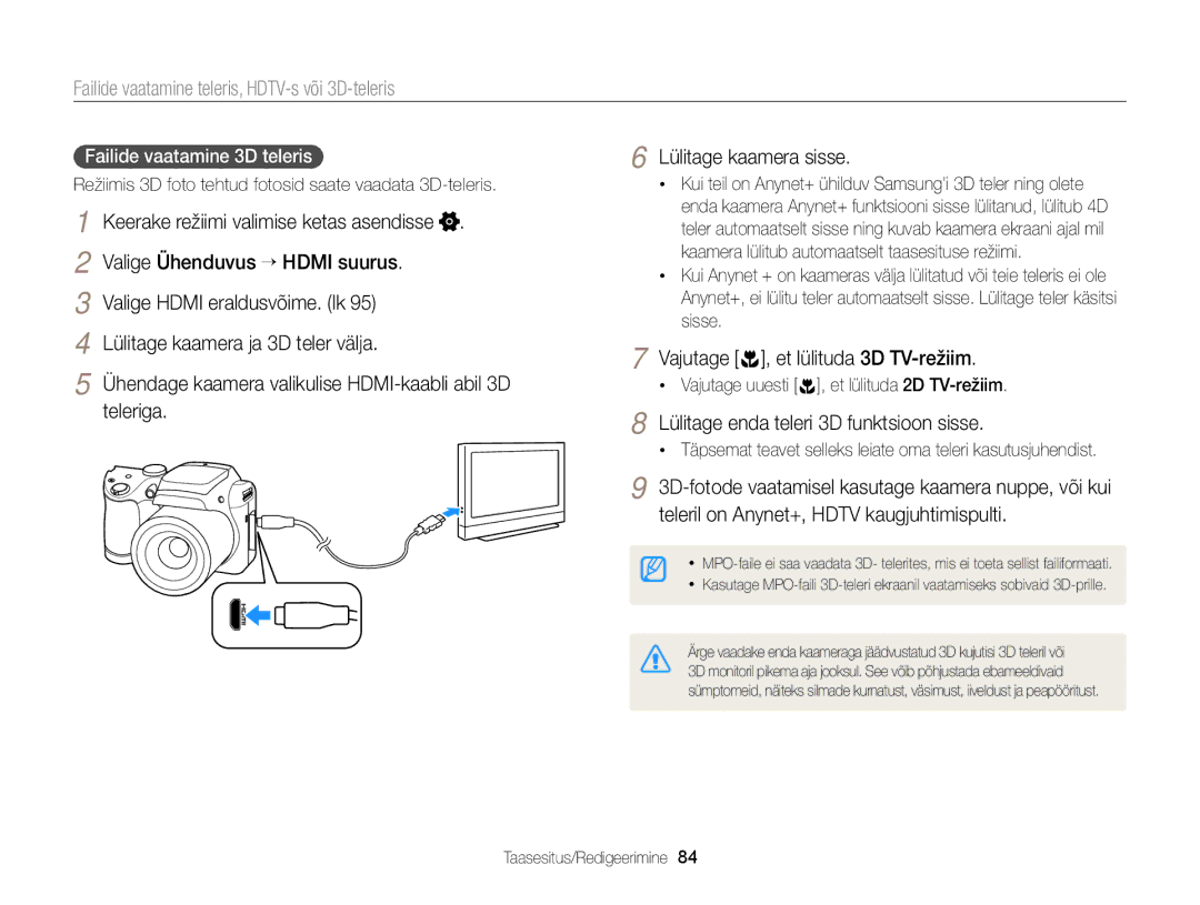 Samsung EC-WB100ZBARE2 Valige Ühenduvus → Hdmi suurus, Valige Hdmi eraldusvõime. lk, Lülitage kaamera ja 3D teler välja 