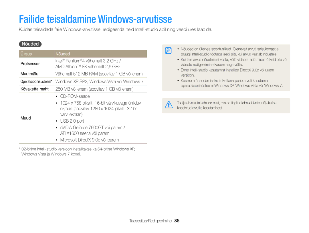 Samsung EC-WB100ZBABE2 manual Failide teisaldamine Windows-arvutisse, Üksus Nõuded, Kõvaketta maht, CD-ROM-seade 