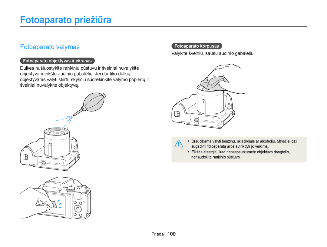 Samsung EC-WB100ZBARE2 Fotoaparato priežiūra, Fotoaparato valymas, Fotoaparato objektyvas ir ekranas, Fotoaparato korpusas 