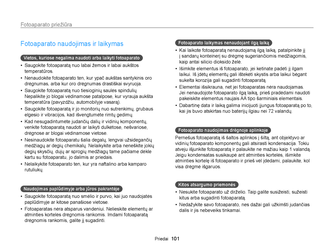 Samsung EC-WB100ZBABE2, EC-WB100ZBARE2 manual Fotoaparato naudojimas ir laikymas, Fotoaparato priežiūra 