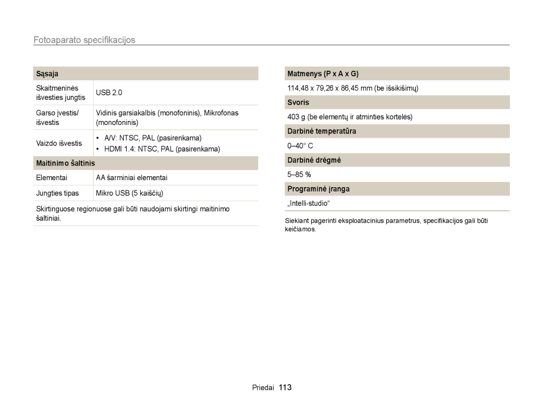 Samsung EC-WB100ZBABE2 manual Sąsaja, Matmenys P x a x G, Svoris, Darbinė temperatūra, Darbinė drėgmė, Programinė įranga 