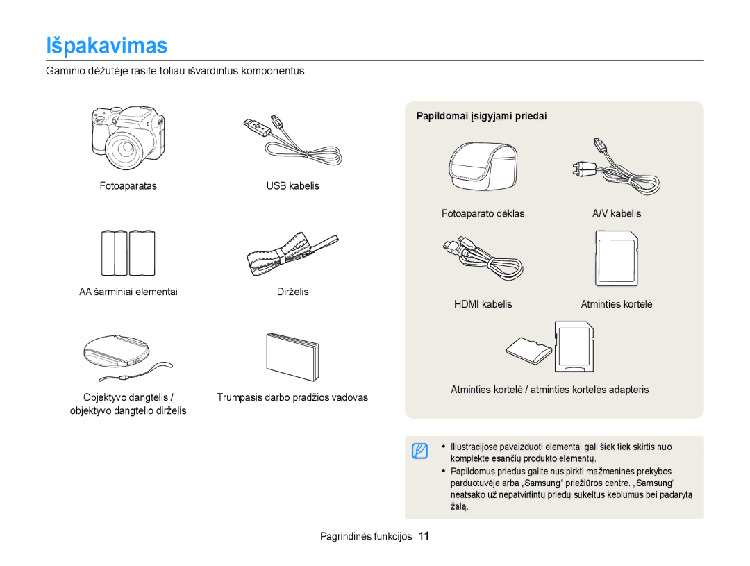 Samsung EC-WB100ZBABE2, EC-WB100ZBARE2 manual Išpakavimas, Papildomai įsigyjami priedai 