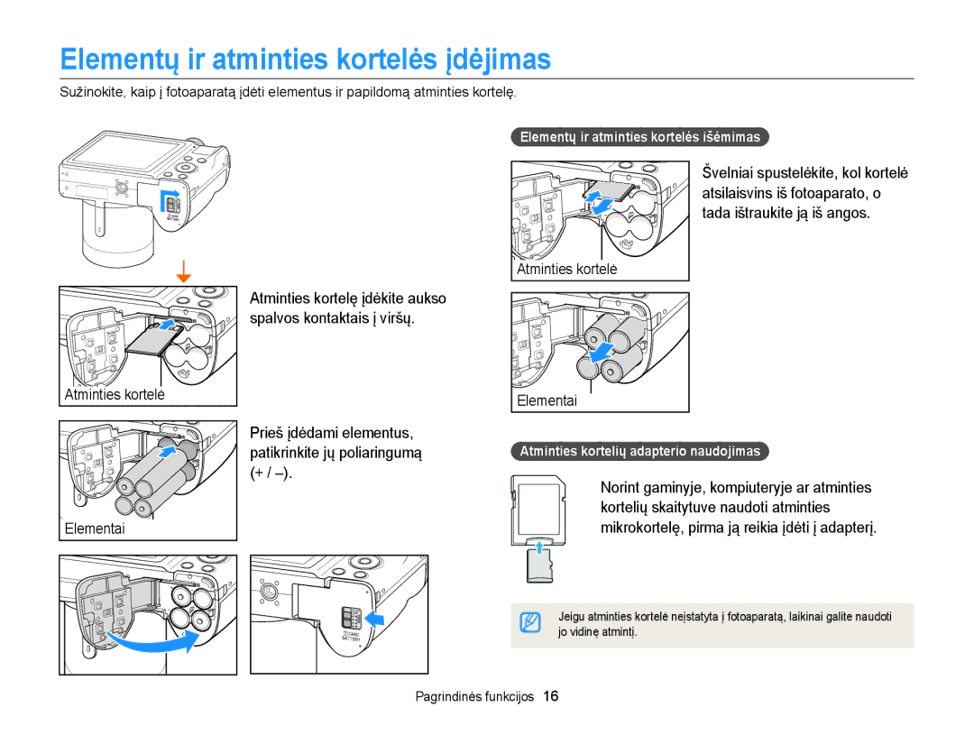 Samsung EC-WB100ZBARE2 manual Elementų ir atminties kortelės įdėjimas, Spalvos kontaktais į viršų, Prieš įdėdami elementus 