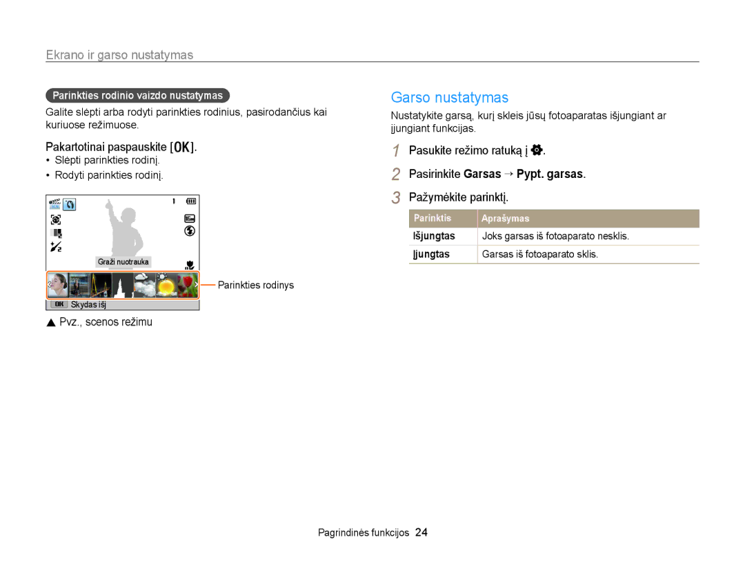 Samsung EC-WB100ZBARE2, EC-WB100ZBABE2 Garso nustatymas, Ekrano ir garso nustatymas, Pasirinkite Garsas → Pypt. garsas 