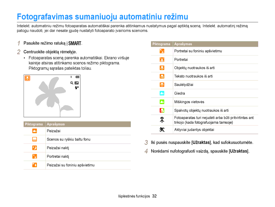 Samsung EC-WB100ZBARE2 Fotografavimas sumaniuoju automatiniu režimu, Aktyviai judantys objektai, Išplėstinės funkcijos 