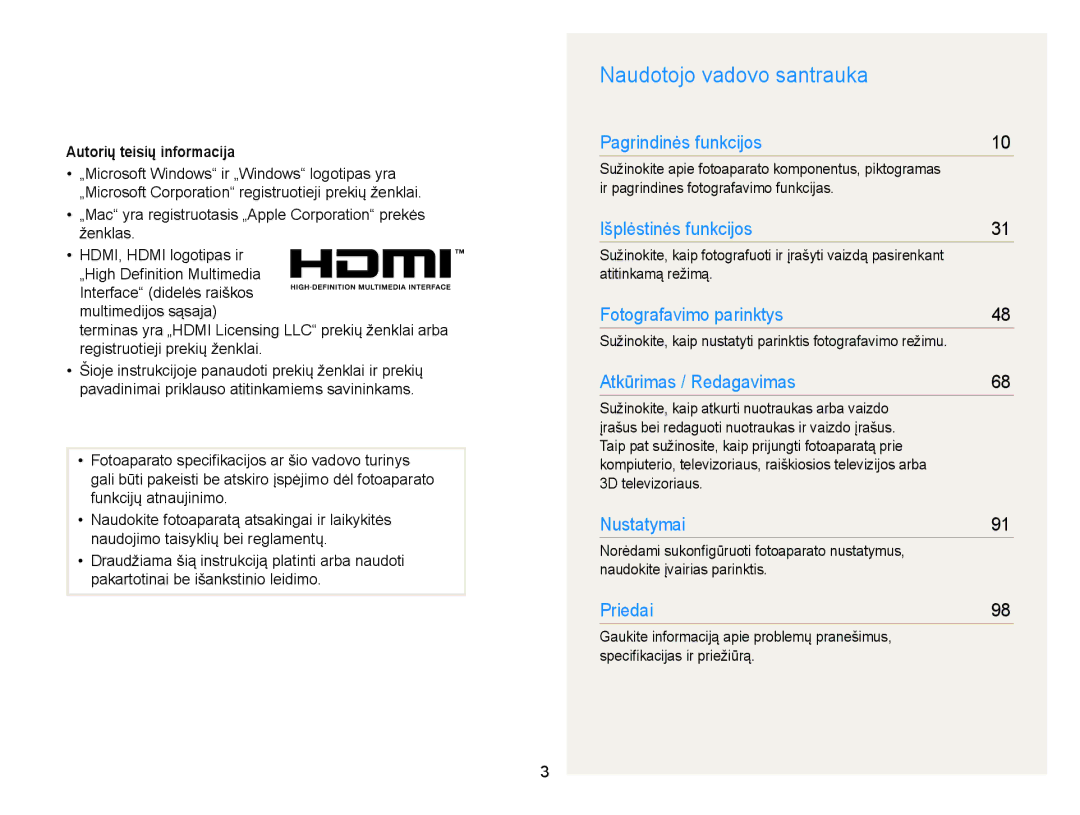 Samsung EC-WB100ZBABE2 Naudotojo vadovo santrauka, Autorių teisių informacija, Ir pagrindines fotografavimo funkcijas 