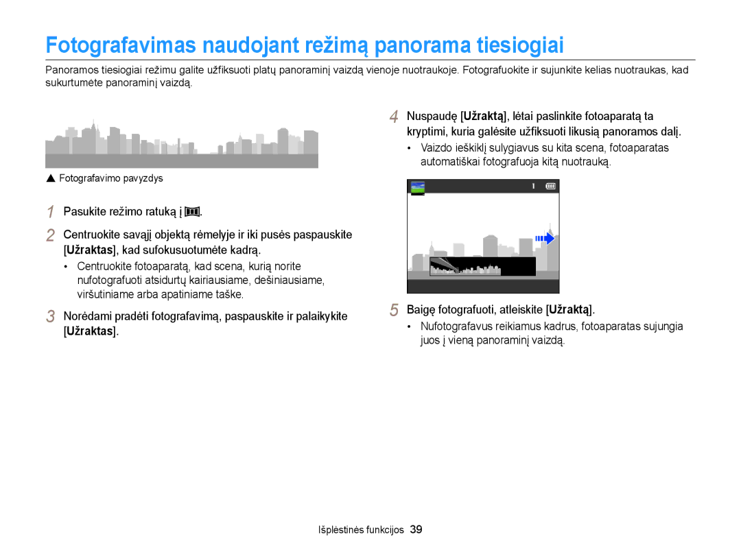 Samsung EC-WB100ZBABE2 manual Fotografavimas naudojant režimą panorama tiesiogiai, Užraktas, kad sufokusuotumėte kadrą 