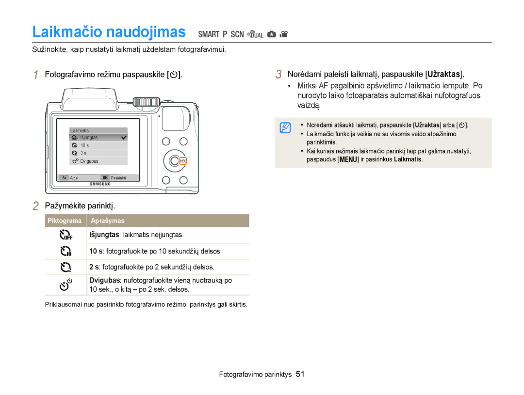 Samsung EC-WB100ZBABE2, EC-WB100ZBARE2 Laikmačio naudojimas, Sužinokite, kaip nustatyti laikmatį uždelstam fotografavimui 