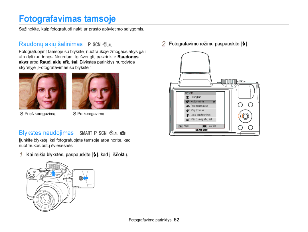 Samsung EC-WB100ZBARE2, EC-WB100ZBABE2 manual Fotografavimas tamsoje, Raudonų akių šalinimas, Blykstės naudojimas 