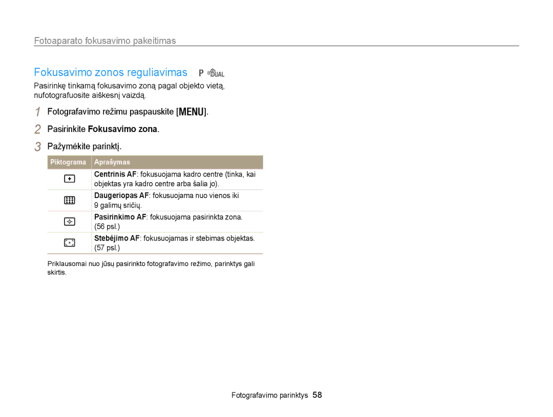 Samsung EC-WB100ZBARE2 manual Fokusavimo zonos reguliavimas, Daugeriopas AF fokusuojama nuo vienos iki 9 galimų sričių 