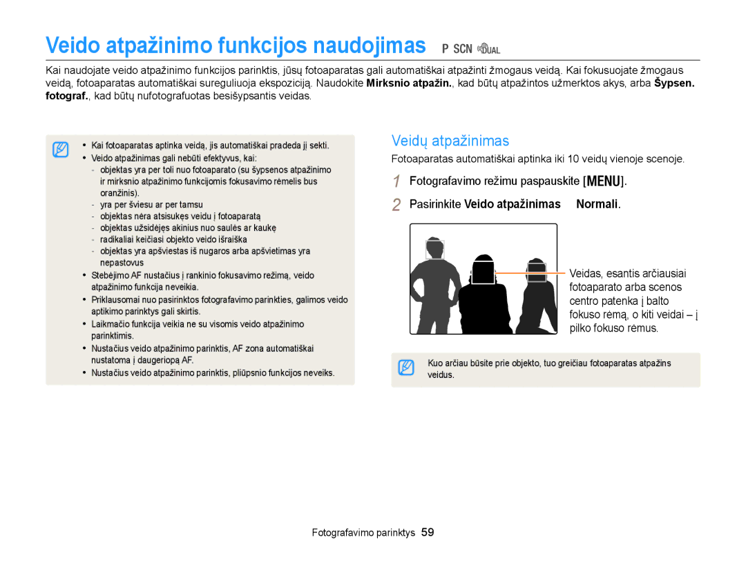 Samsung EC-WB100ZBABE2, EC-WB100ZBARE2 manual Veido atpažinimo funkcijos naudojimas, Veidų atpažinimas 