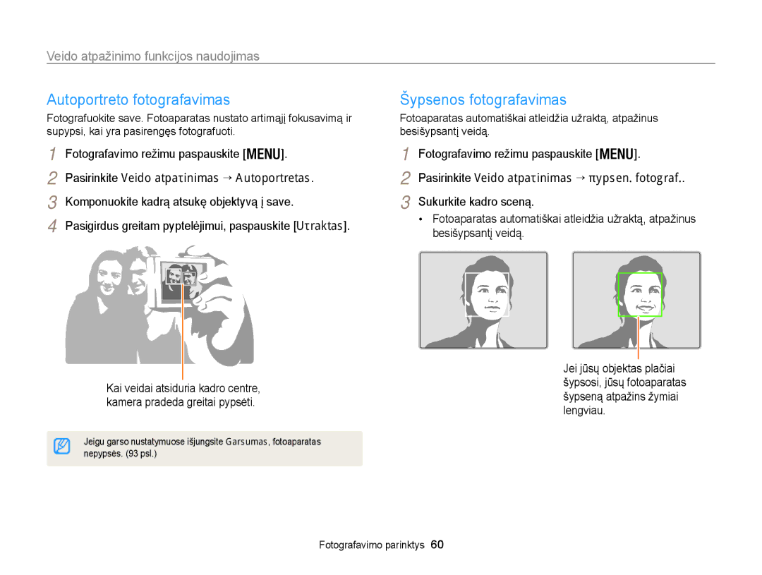 Samsung EC-WB100ZBARE2 manual Autoportreto fotografavimas, Šypsenos fotografavimas, Veido atpažinimo funkcijos naudojimas 