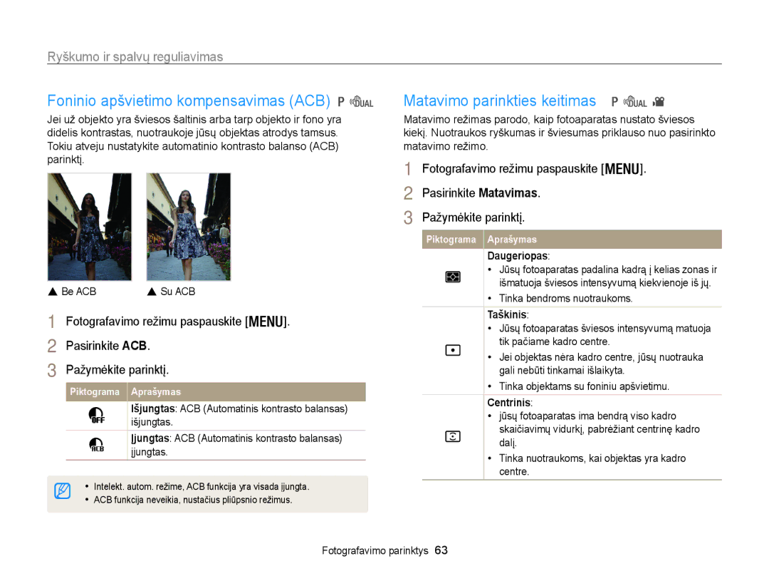 Samsung EC-WB100ZBABE2 Matavimo parinkties keitimas, Ryškumo ir spalvų reguliavimas, Daugeriopas, Taškinis, Centrinis 