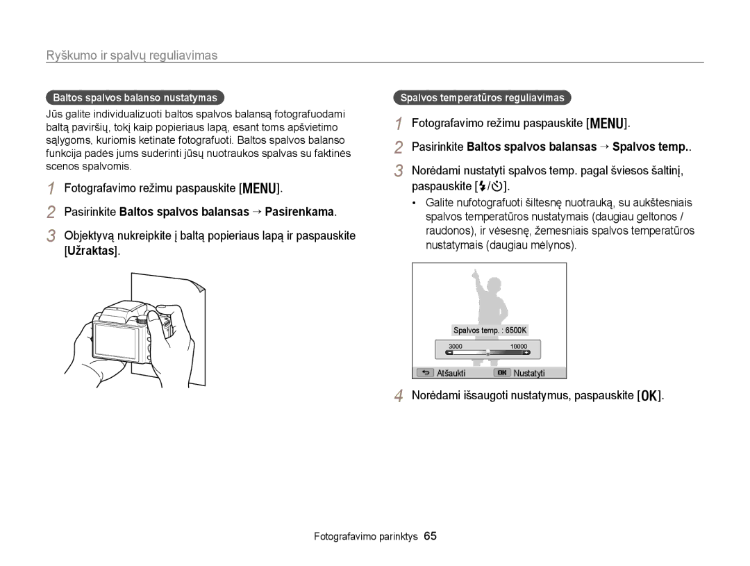 Samsung EC-WB100ZBABE2 manual Baltos spalvos balanso nustatymas, Pasirinkite Baltos spalvos balansas → Pasirenkama 