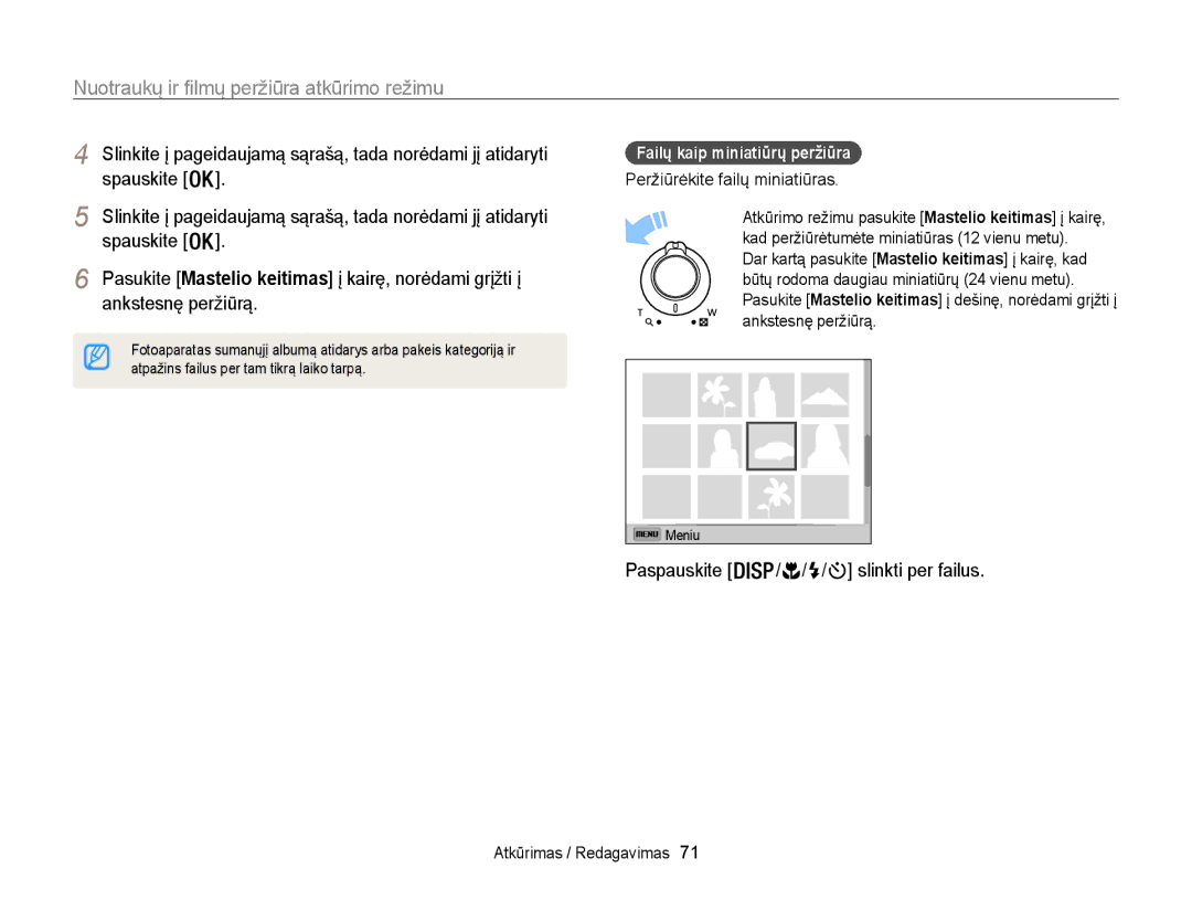 Samsung EC-WB100ZBABE2 manual Ankstesnę peržiūrą, Paspauskite / / / slinkti per failus, Failų kaip miniatiūrų peržiūra 