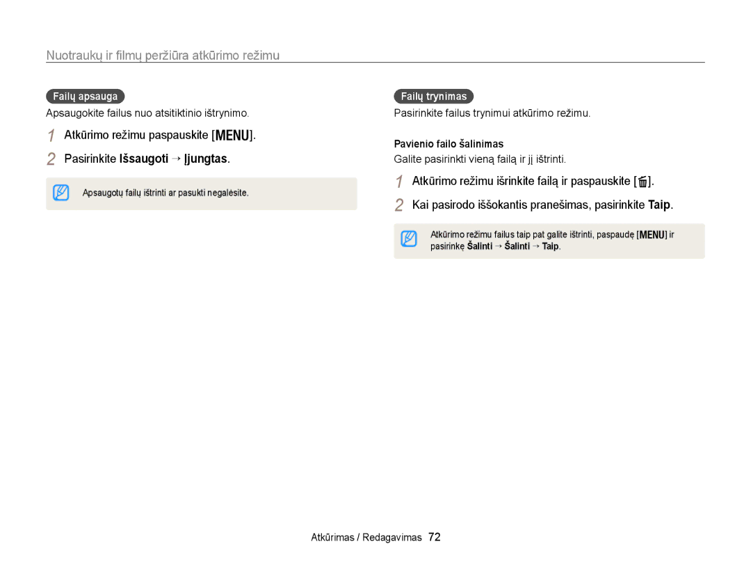 Samsung EC-WB100ZBARE2 manual Atkūrimo režimu paspauskite, Failų apsauga, Pasirinkite Išsaugoti → Įjungtas, Failų trynimas 