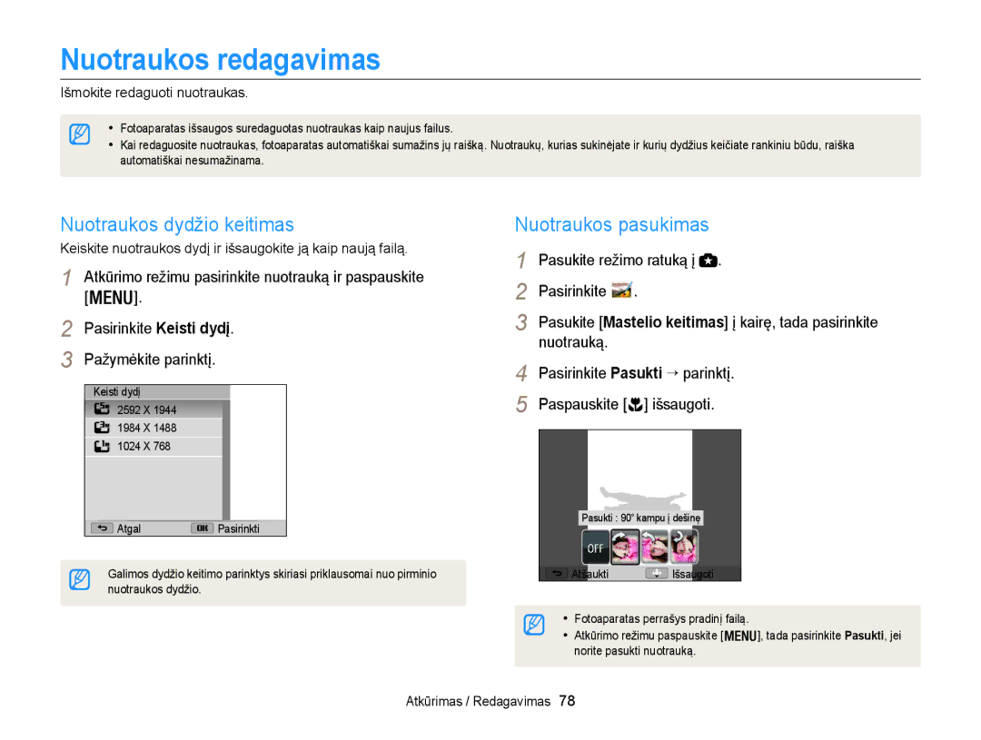 Samsung EC-WB100ZBARE2, EC-WB100ZBABE2 manual Nuotraukos redagavimas, Nuotraukos dydžio keitimas, Nuotraukos pasukimas 