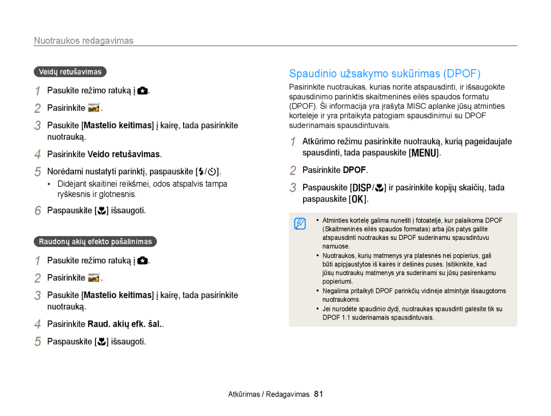 Samsung EC-WB100ZBABE2, EC-WB100ZBARE2 manual Spaudinio užsakymo sukūrimas Dpof, Nuotrauką, Pasirinkite Raud. akių efk. šal 