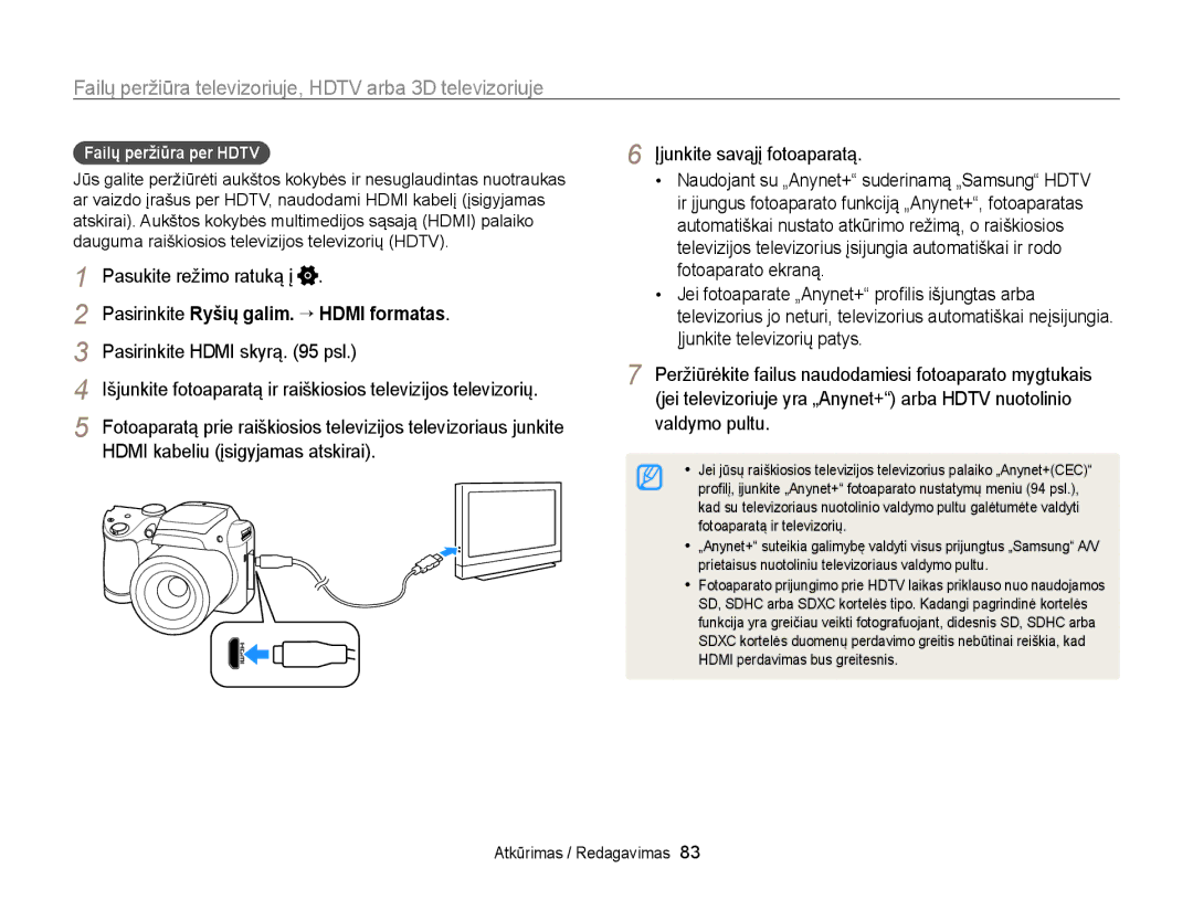 Samsung EC-WB100ZBABE2 Failų peržiūra televizoriuje, Hdtv arba 3D televizoriuje, Pasirinkite Ryšių galim. → Hdmi formatas 