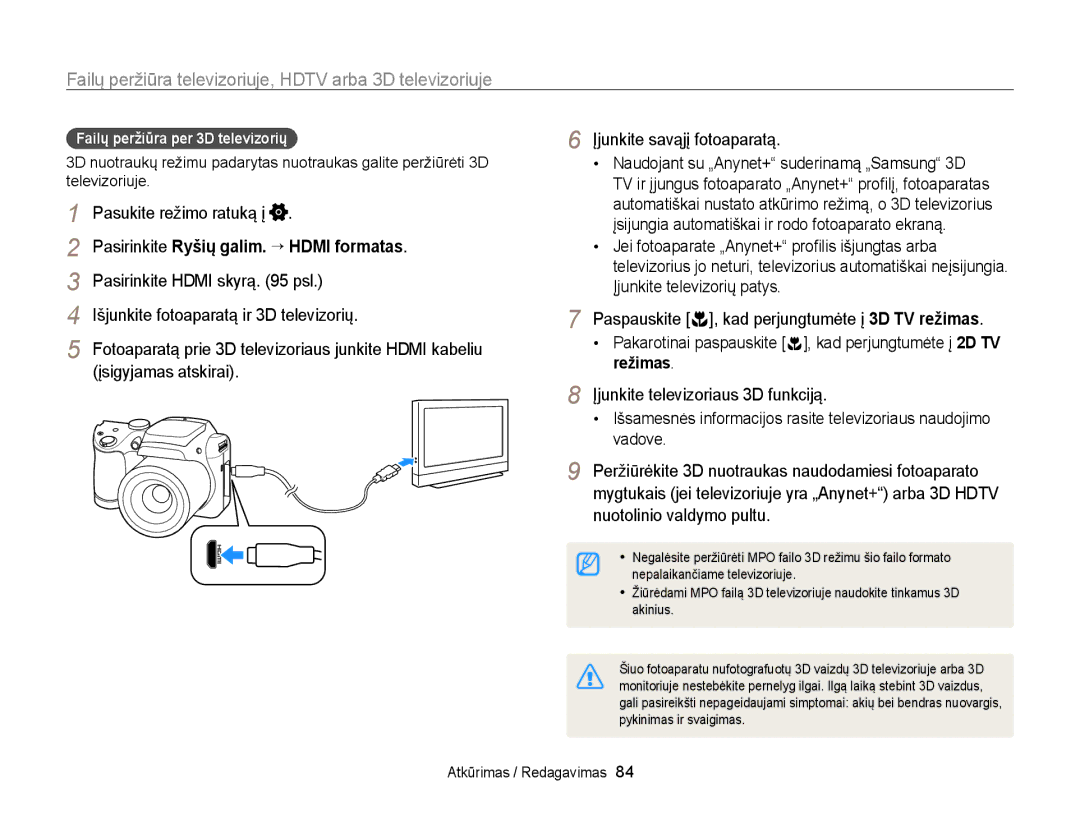 Samsung EC-WB100ZBARE2 Išjunkite fotoaparatą ir 3D televizorių, Įsigyjamas atskirai, Failų peržiūra per 3D televizorių 