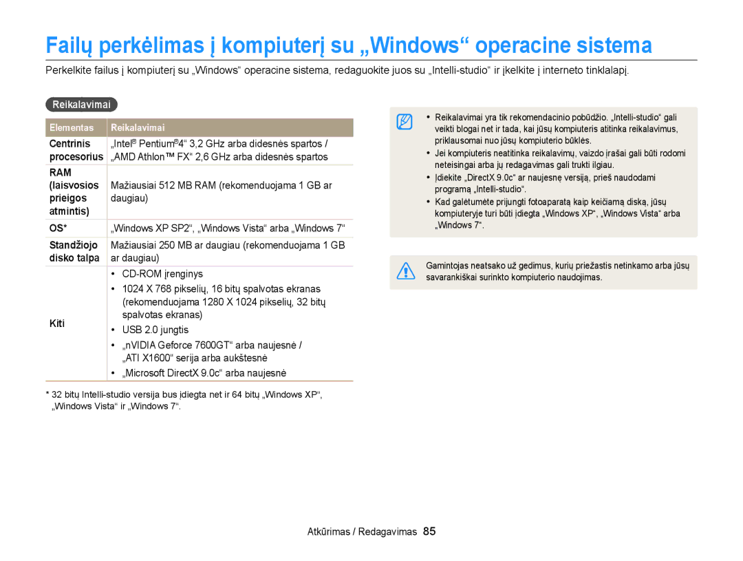 Samsung EC-WB100ZBABE2 Failų perkėlimas į kompiuterį su „Windows operacine sistema, Reikalavimai, Prieigos, Atmintis, Kiti 