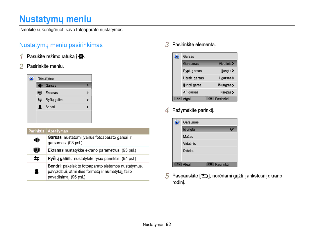 Samsung EC-WB100ZBARE2, EC-WB100ZBABE2 manual Nustatymų meniu pasirinkimas, Pasirinkite elementą, Rodinį 