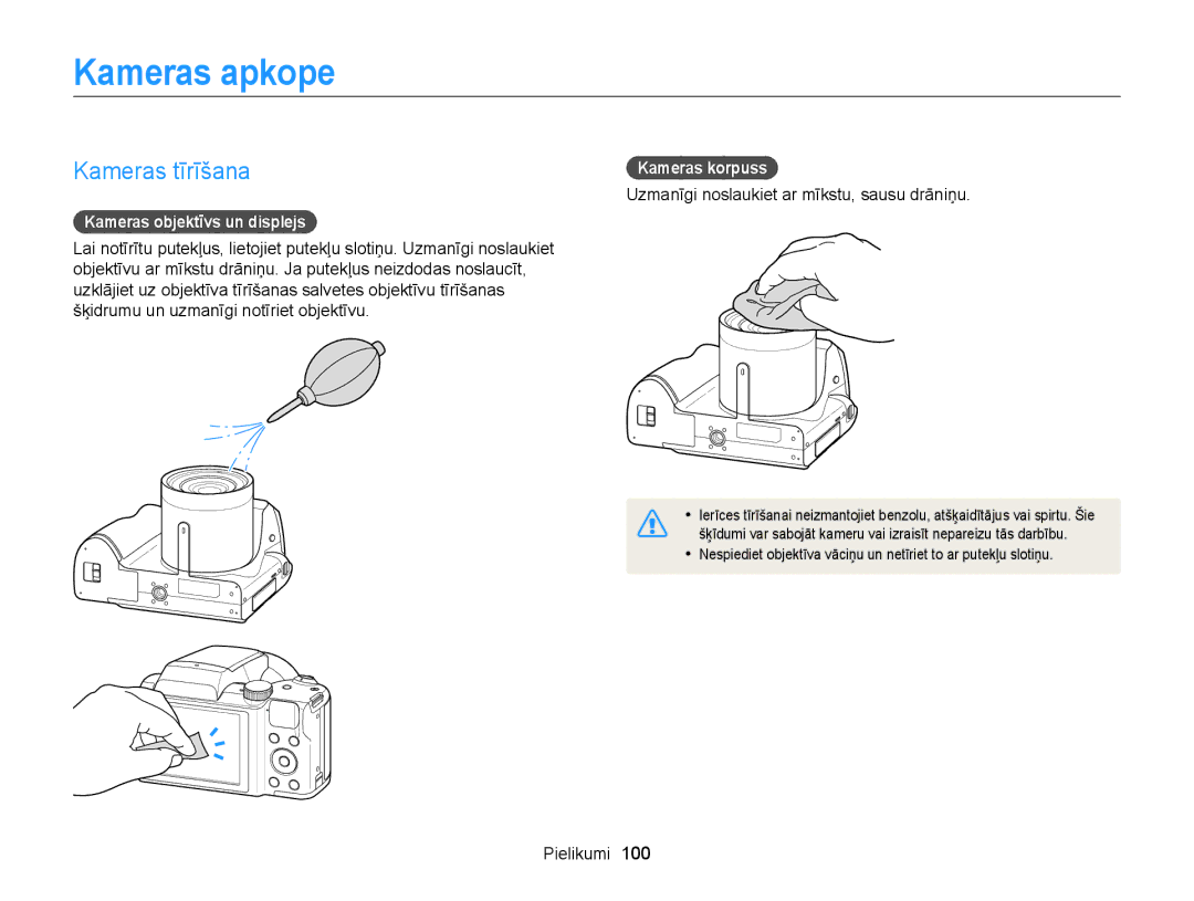 Samsung EC-WB100ZBARE2, EC-WB100ZBABE2 Kameras apkope, Kameras tīrīšana, Kameras objektīvs un displejs, Kameras korpuss 