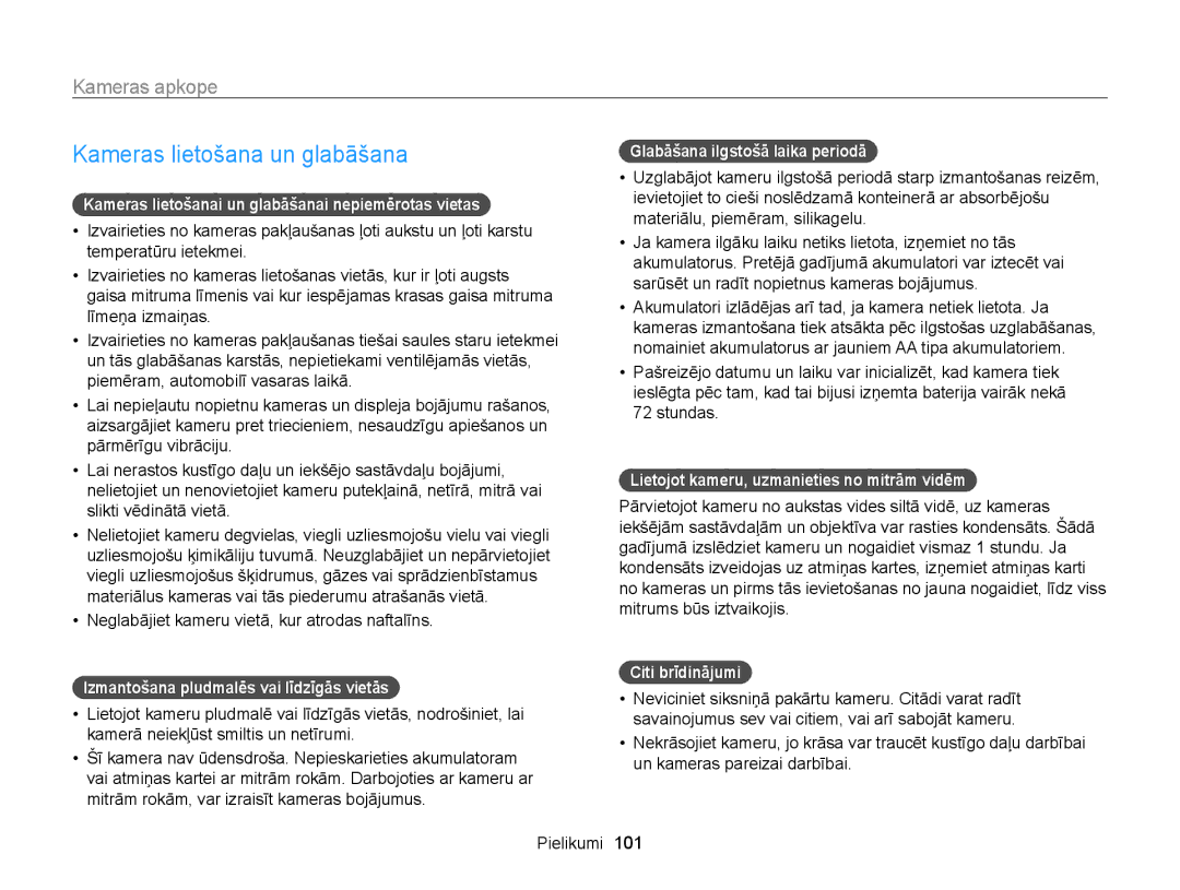 Samsung EC-WB100ZBABE2, EC-WB100ZBARE2 manual Kameras lietošana un glabāšana, Kameras apkope 