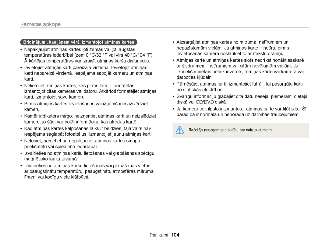 Samsung EC-WB100ZBARE2, EC-WB100ZBABE2 manual Brīdinājumi, kas jāņem vērā, izmantojot atmiņas kartes 