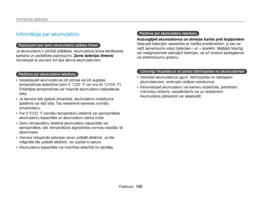 Samsung EC-WB100ZBABE2, EC-WB100ZBARE2 manual Informācija par akumulatoru, Paziņojums par zemu akumulatora uzlādes līmeni 