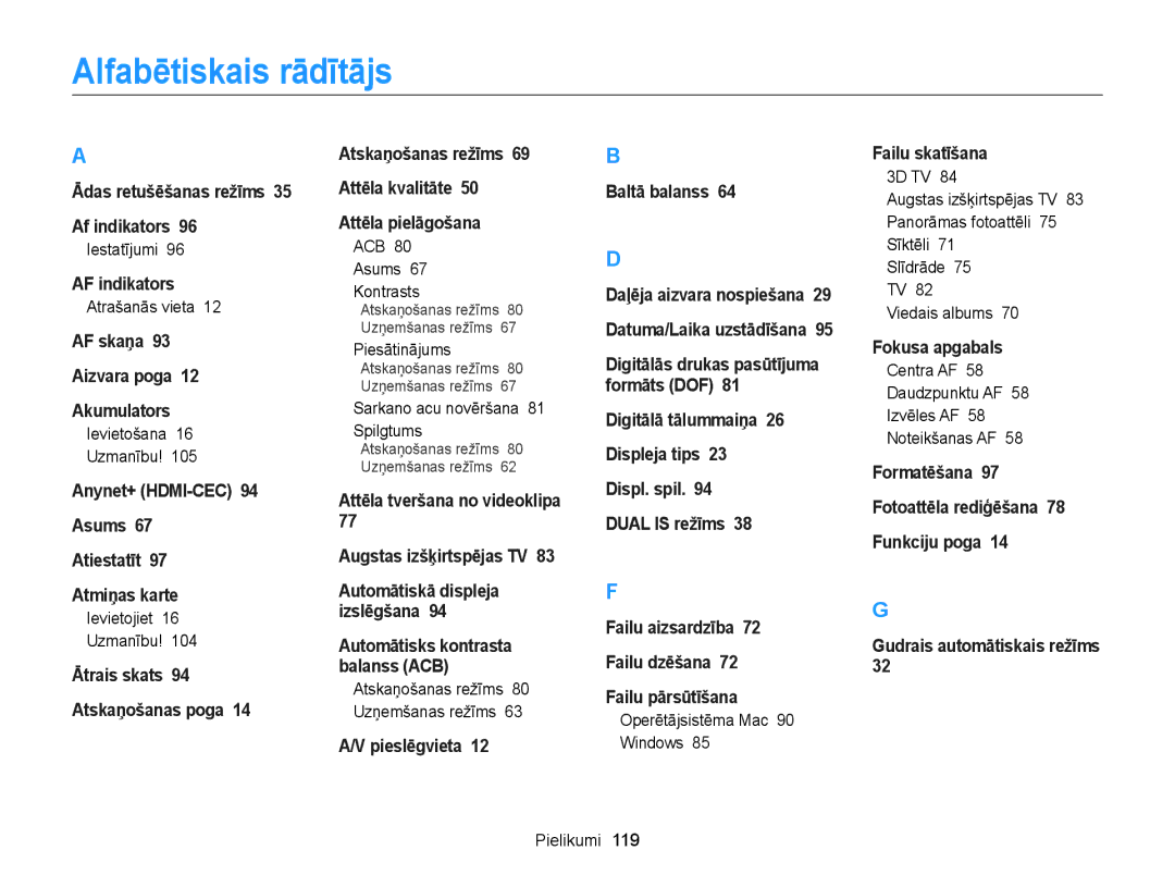 Samsung EC-WB100ZBABE2, EC-WB100ZBARE2 manual Alfabētiskais rādītājs 